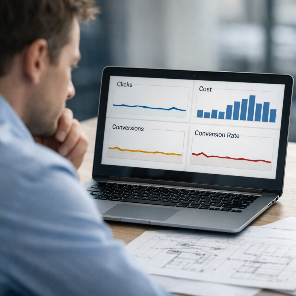 Marketing professional reviewing Google Ads performance dashboard showing high branded keyword spend with flat conversion results, representing the paid media challenge faced by B2B industrial brands