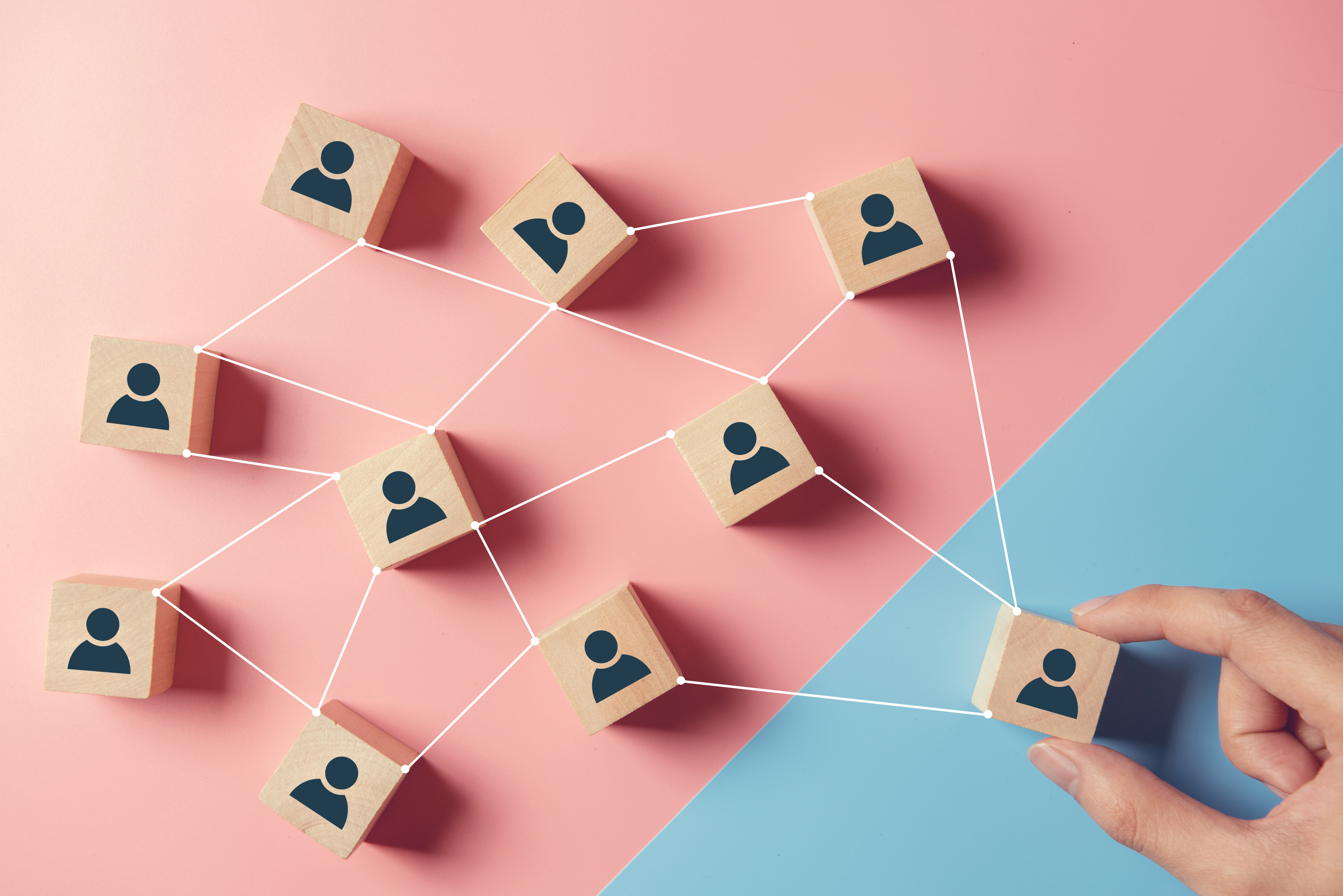Building a strong team, Wooden blocks with people icon on blue and pink background, Human resources and management concept.